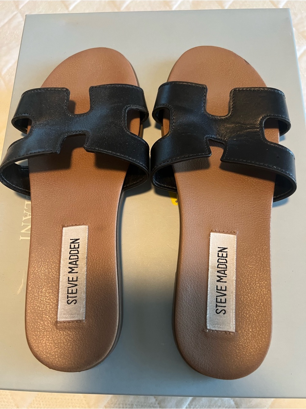 Steve Madden Black Slide Sandals with Brown Footbed